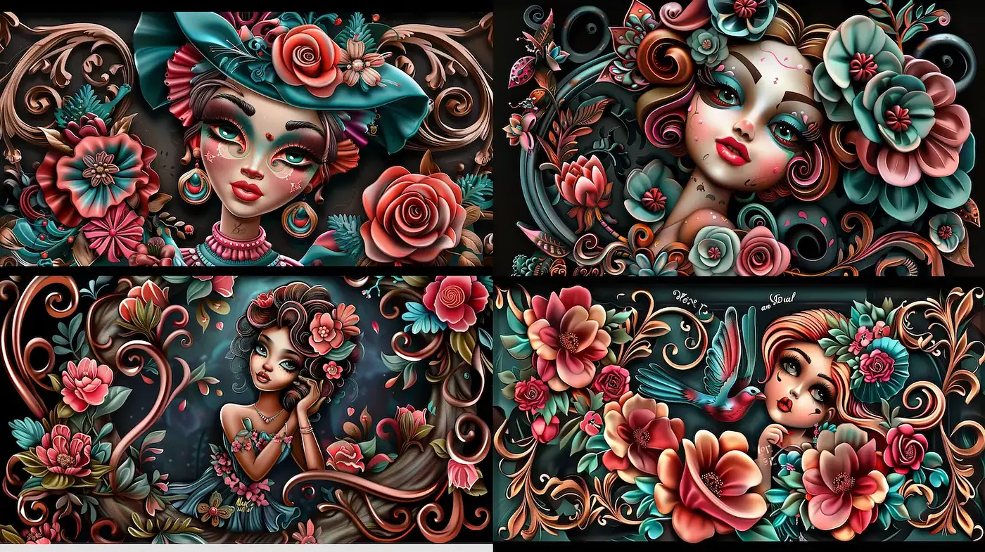 Richly Detailed Floral Portraits with a Modern Illustrative Touch - Midjourney sref style