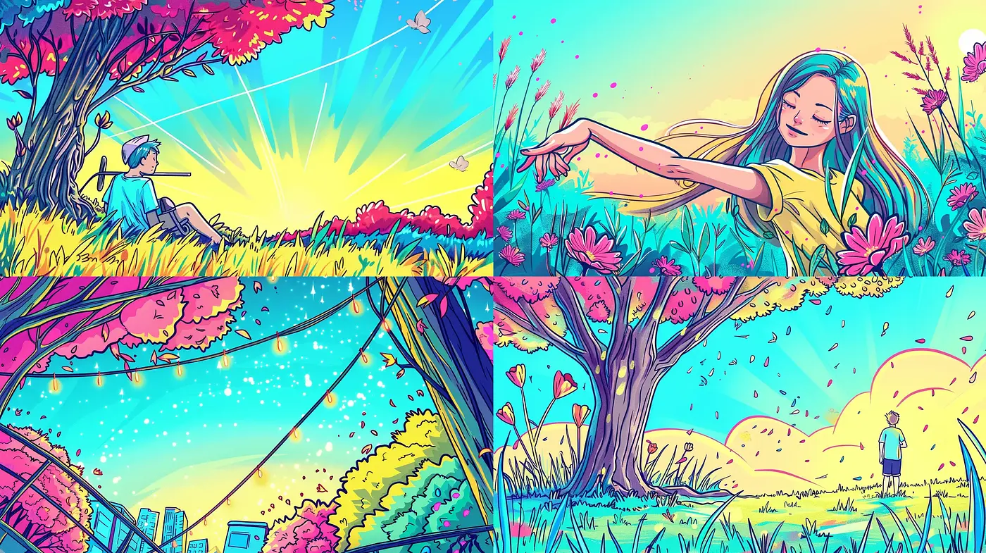 Ebullient Chromatic Dreamscapes: Striking Vividness Meets Comic Book Aesthetics - Midjourney sref style