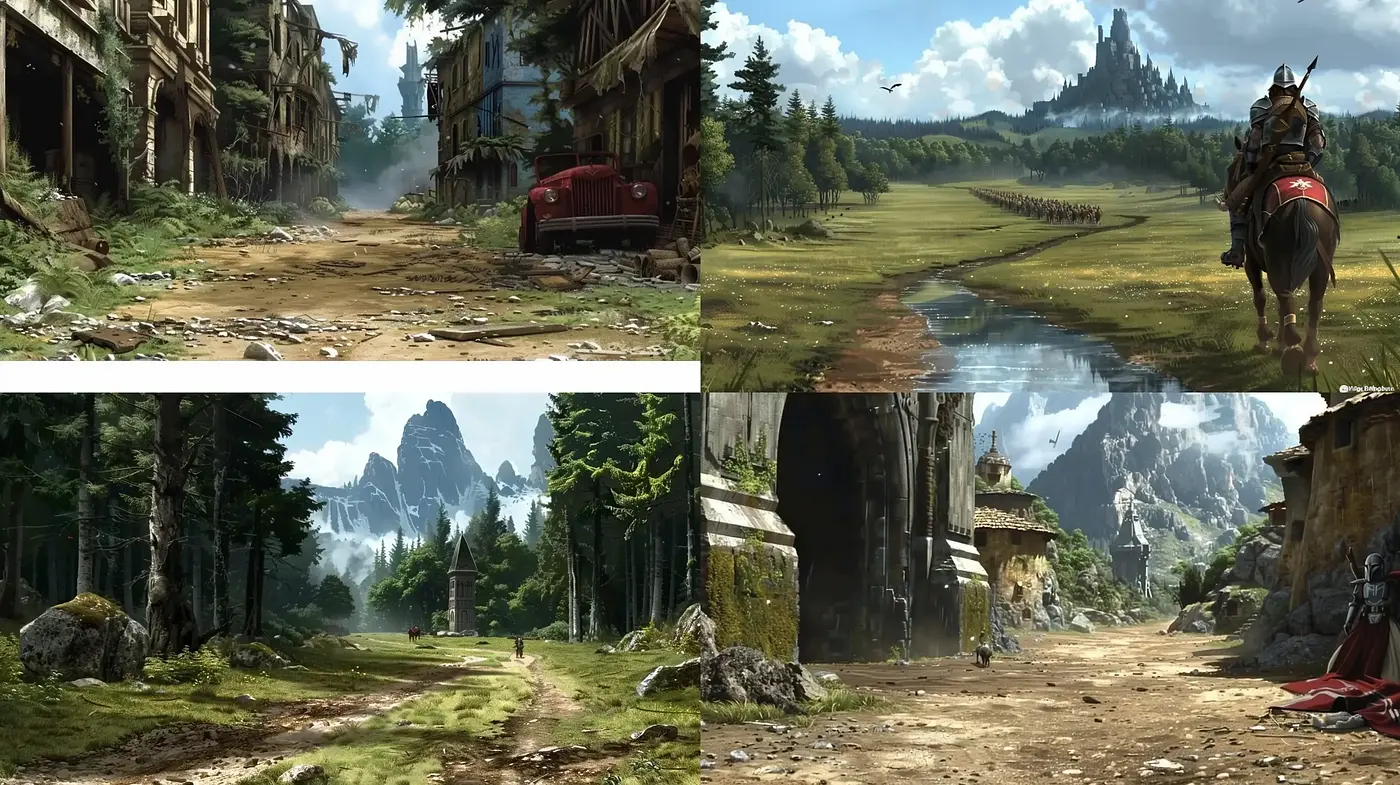 Enigmatic Landscapes of Stylized Pastoral Realism - Midjourney sref style