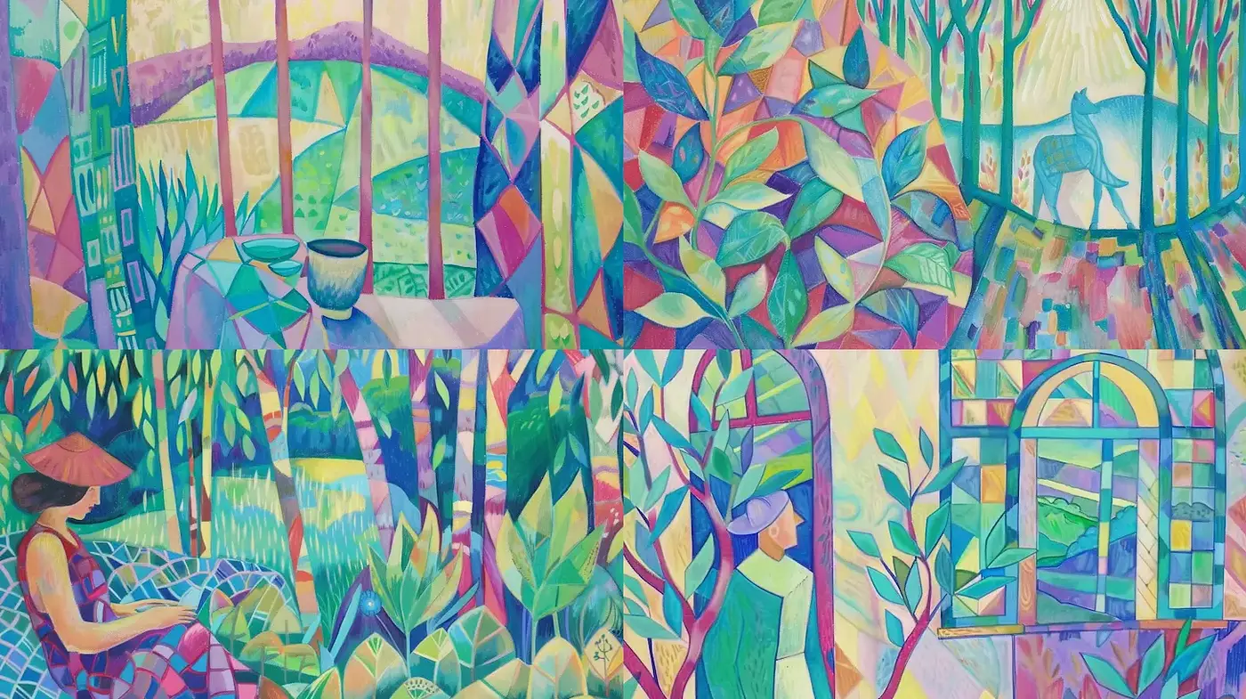 Vibrant and Lush Exploration of Nature through Abstract Geometry - Midjourney sref style