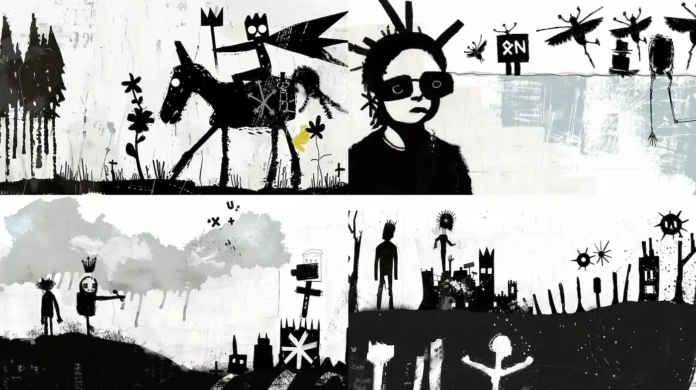 A Contemporary Exploration of Monochrome Surrealism with Whimsical Elements - Midjourney sref style