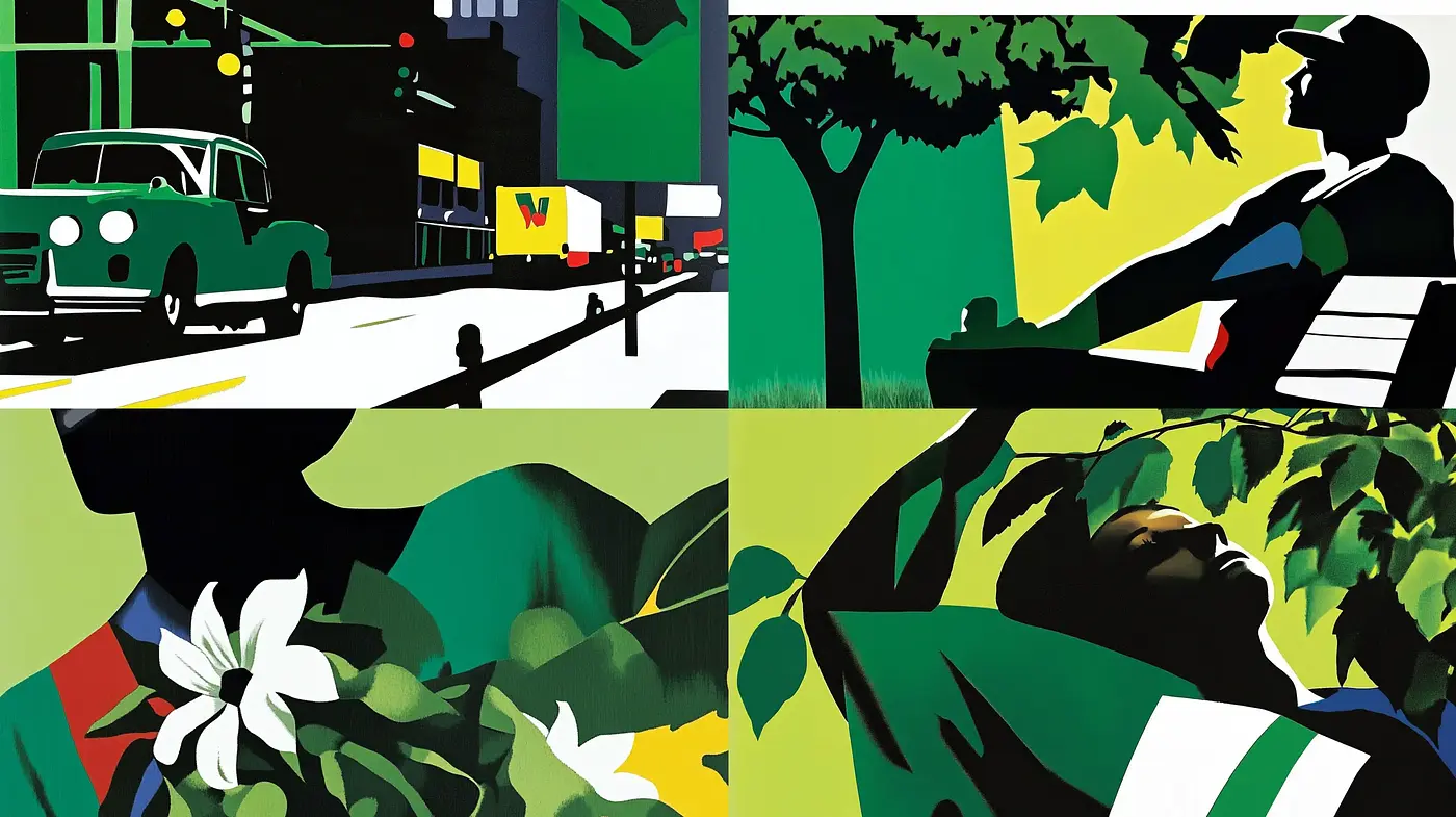 Abstract Silhouetted Figures in Lush Chromatic Scenery - Midjourney sref style
