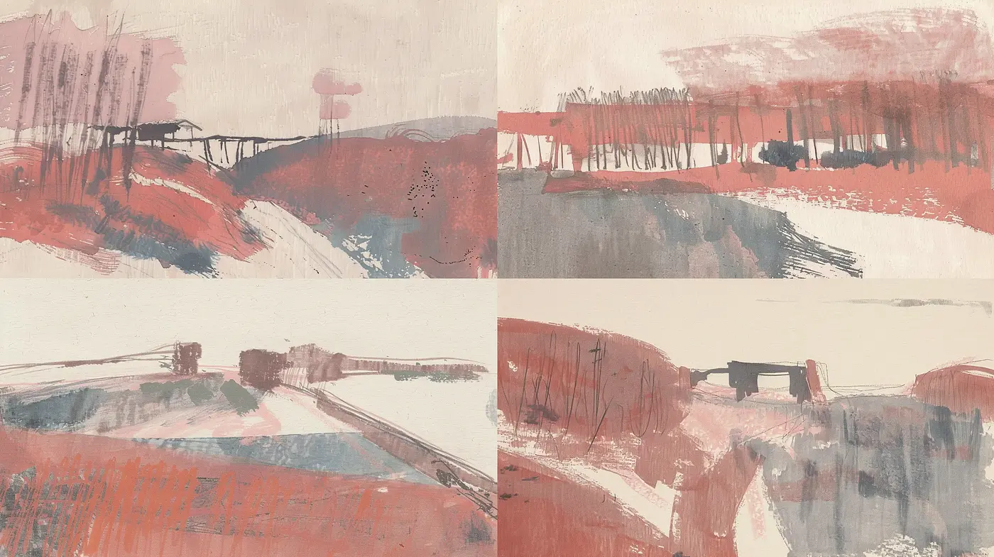 Abstracted Rustic Landscapes in Muted Coral and Charcoal - Midjourney sref style