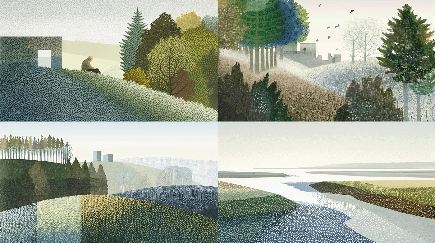 Serene Landscapes in Textured Pointillism - Midjourney sref style
