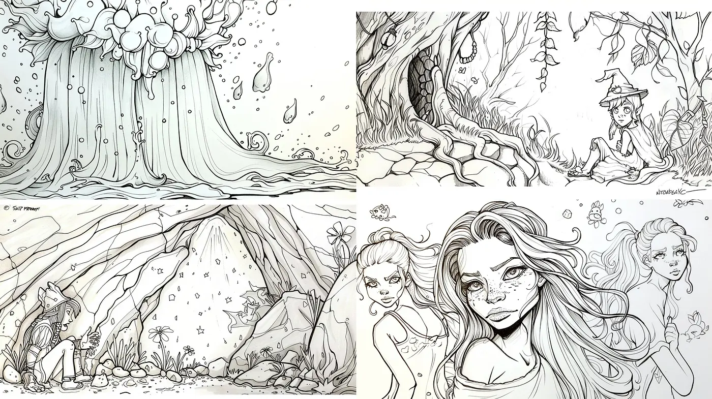 Whimsical Monochrome Illustrations with a Touch of Nature and Fantasy - Midjourney sref style