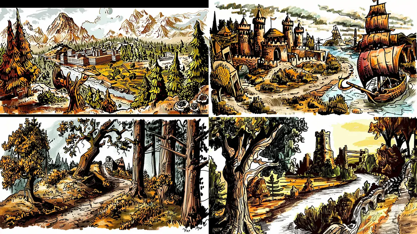 Dramatic Landscape Illustrations with a Distinctive Hand-Drawn Quality - Midjourney sref style