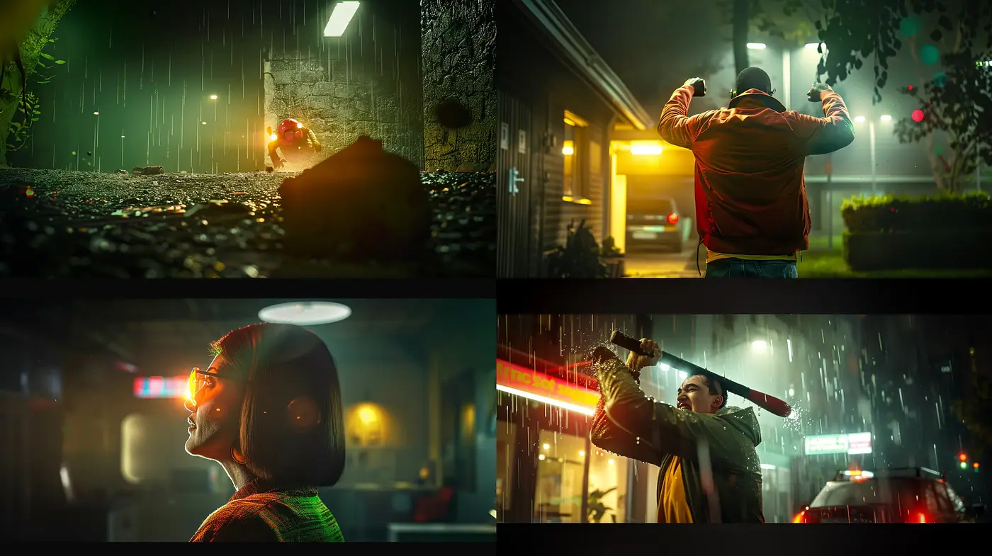Noir-Inspired Rain-Drenched Nightscapes with Neon Accents - Midjourney sref style