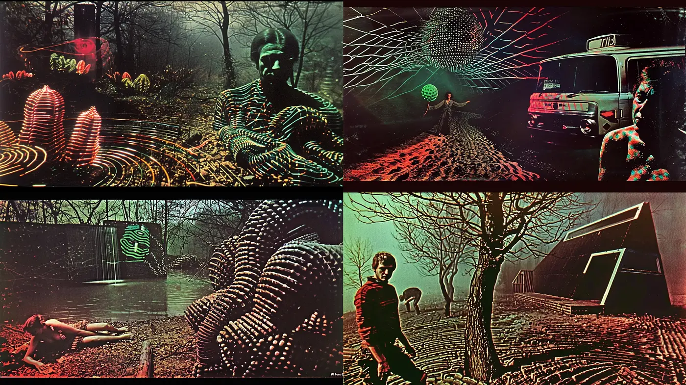 Eerie Retrofuturistic Dreamscape with Surrealist Touches - Midjourney sref style