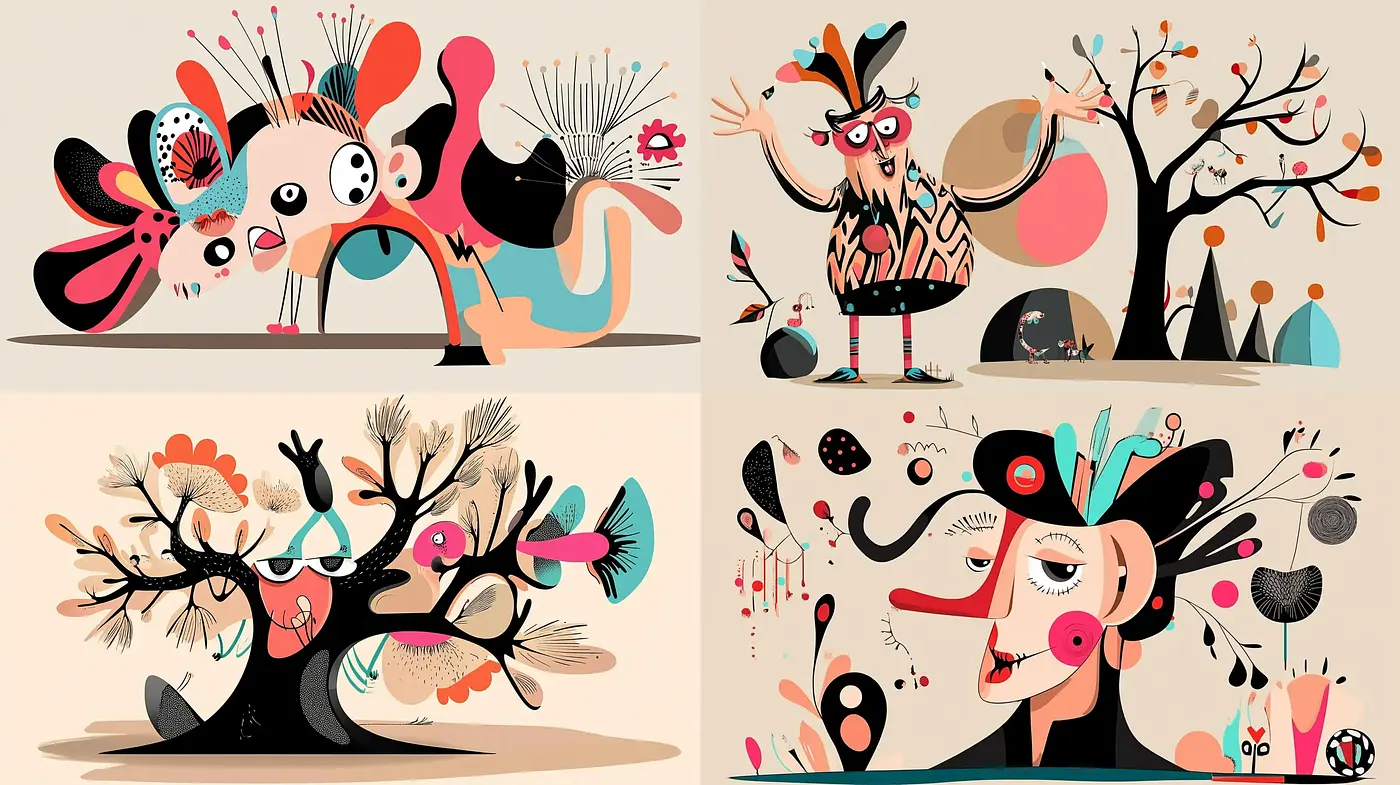 Whimsical Melange of Abstracted Nature and Character Art - Midjourney sref style