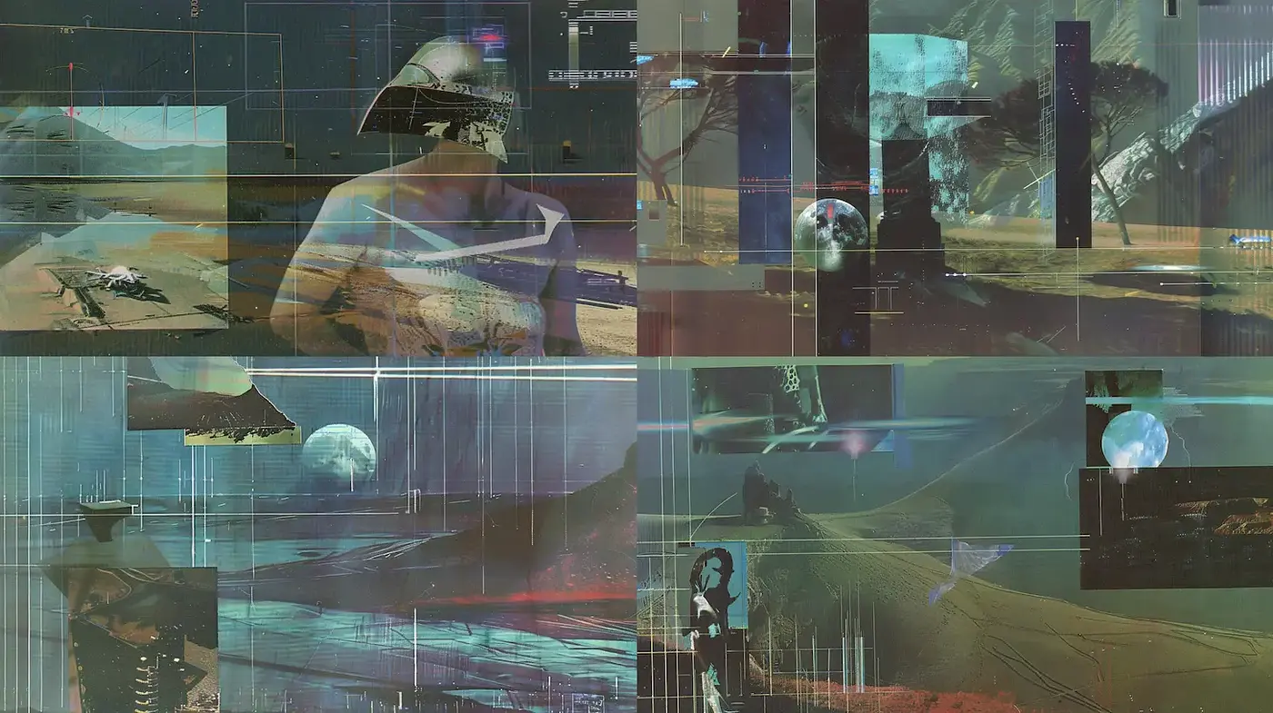 Futuristic Surrealist Landscape with Glitch Aesthetics - Midjourney sref style