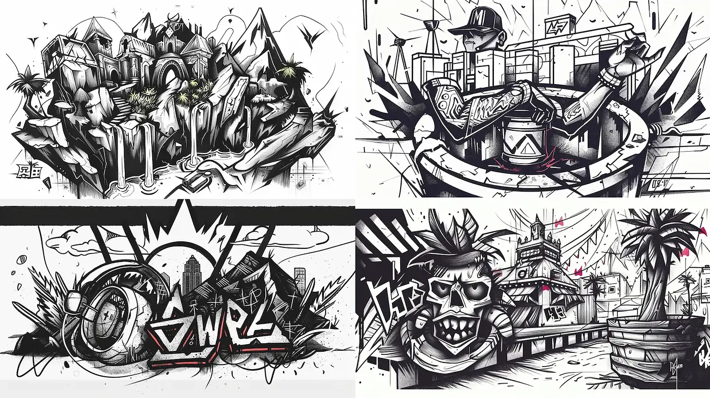 Dynamic Urban Graffiti Art with Monochromatic Tones - Midjourney sref style
