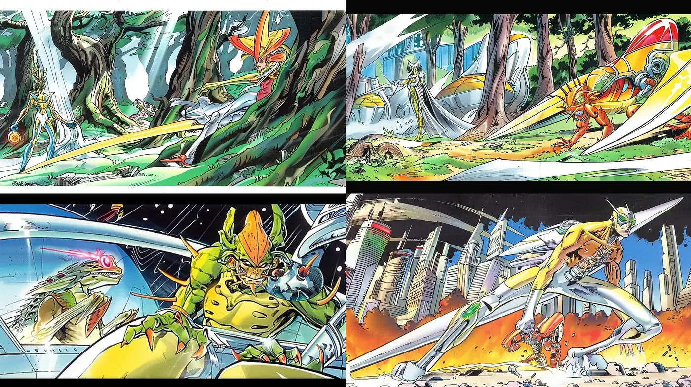 Dynamic Comicbook Extravaganza with a Sci-fi Twist - Midjourney sref style