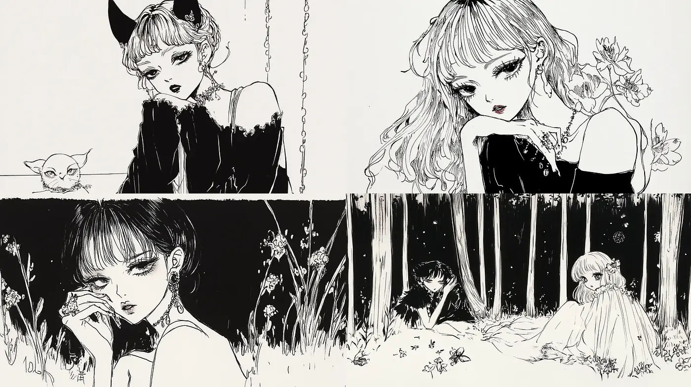 Whimsical Nocturne: A Monochromatic Manga-Inspired Dream - Midjourney sref style