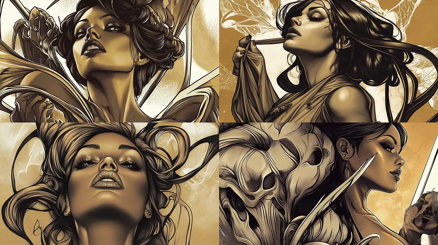 Sepia-Toned Ethereal Elegance: A Fusion of Art Nouveau and Modern Graphic Illustration - Midjourney sref style