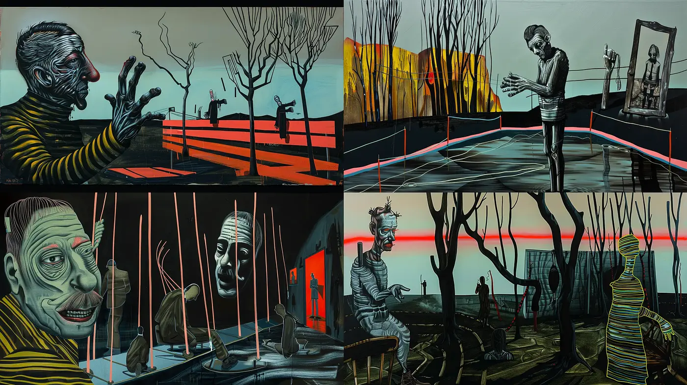 Eerie Expressionist Narrative: A Tale of Stark Shadows and Surreal Forms - Midjourney sref style