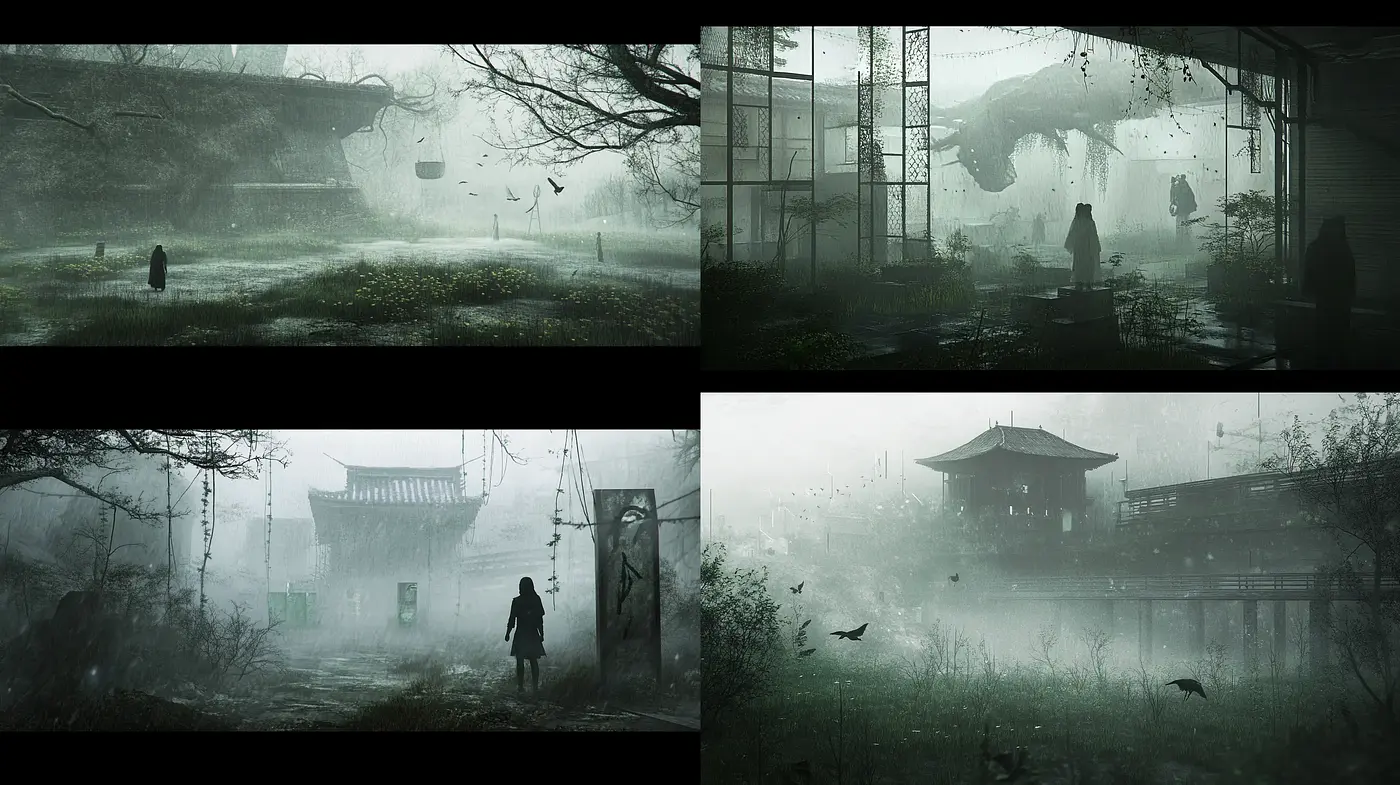 Mystical Fog-Shrouded Asian Landscapes: A Homage to Cinematic Melancholy - Midjourney sref style