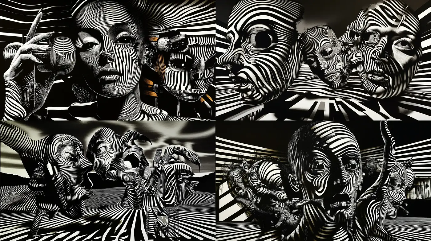 Monochromatic Op-Art Portraiture Fusion - Midjourney sref style