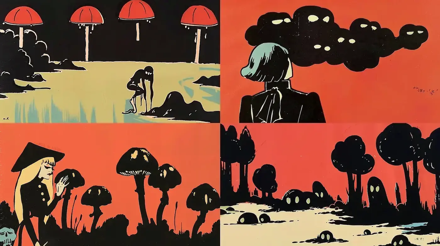 Whimsical and Surreal Illustrative Style with Dramatic Elements - Midjourney sref style