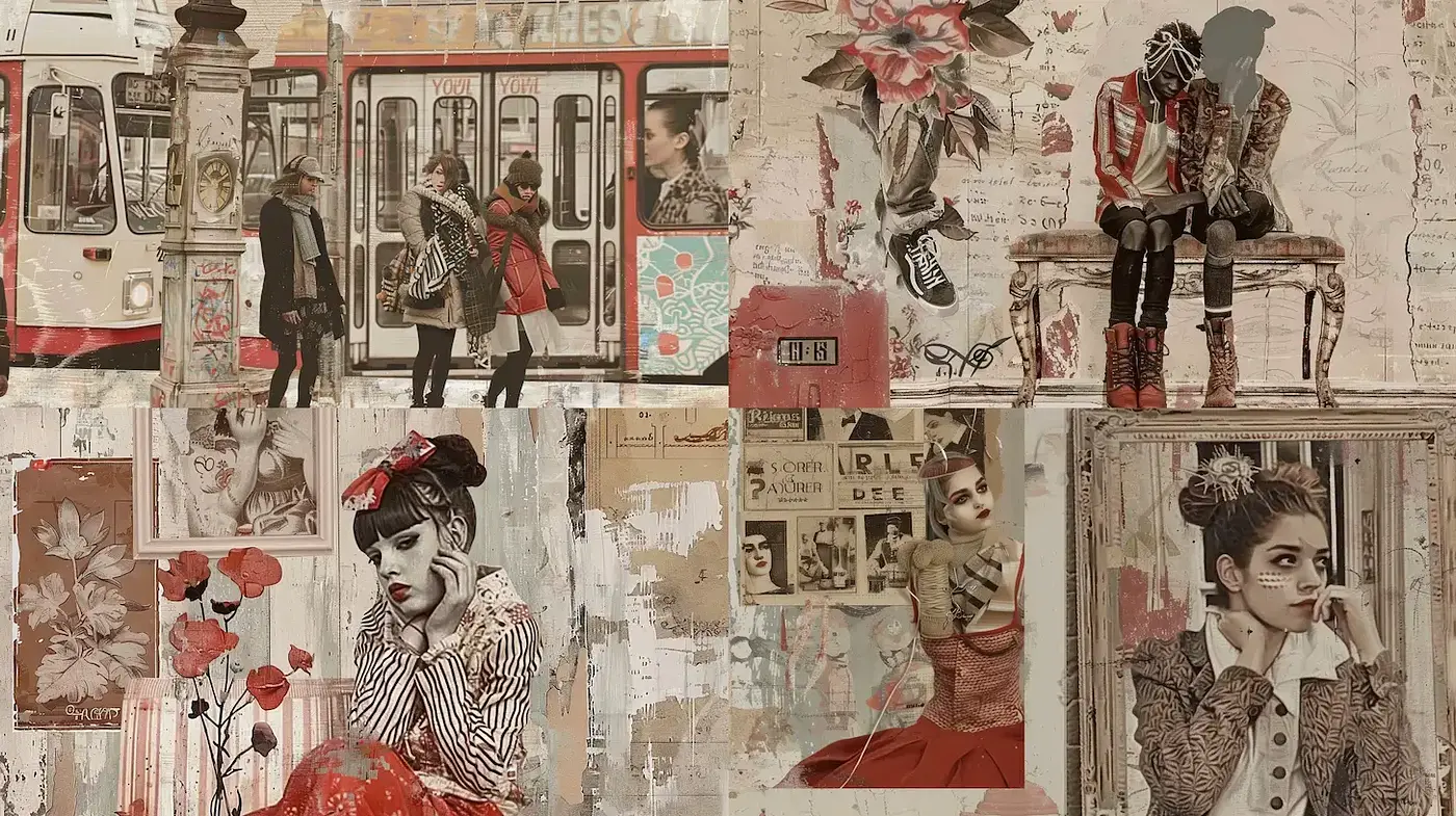 Collaged Melancholy: Vintage Textures and Desaturated Tones in Artistic Harmony - Midjourney sref style