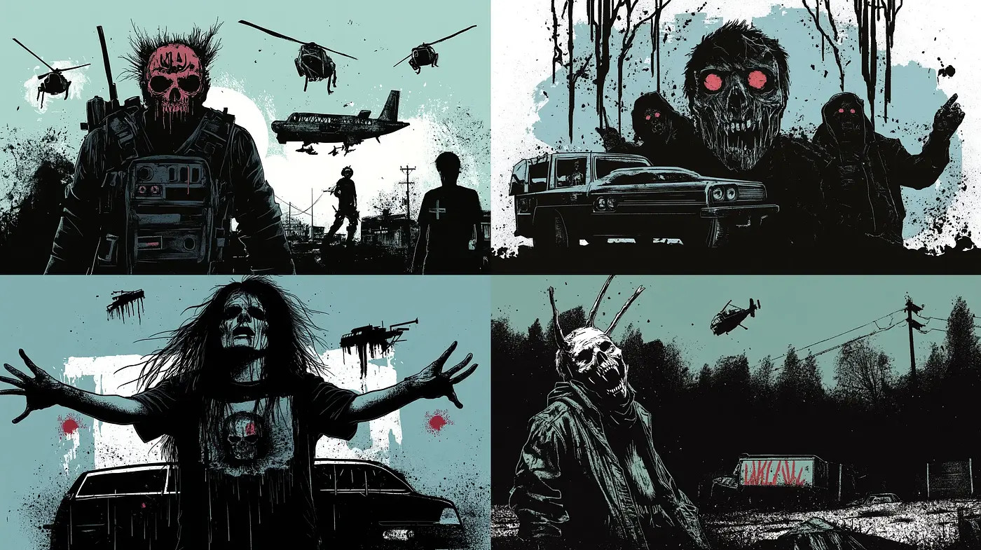 Gritty Post-Apocalyptic Vignettes in Monochromatic Turquoise - Midjourney sref style