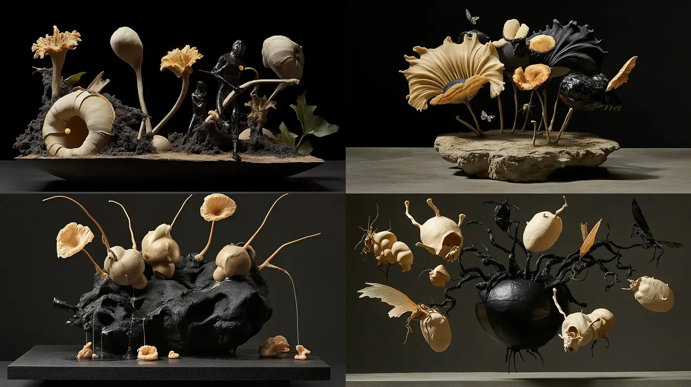 Noir-Inspired Still Life Symphony with Surrealist Twists - Midjourney sref style