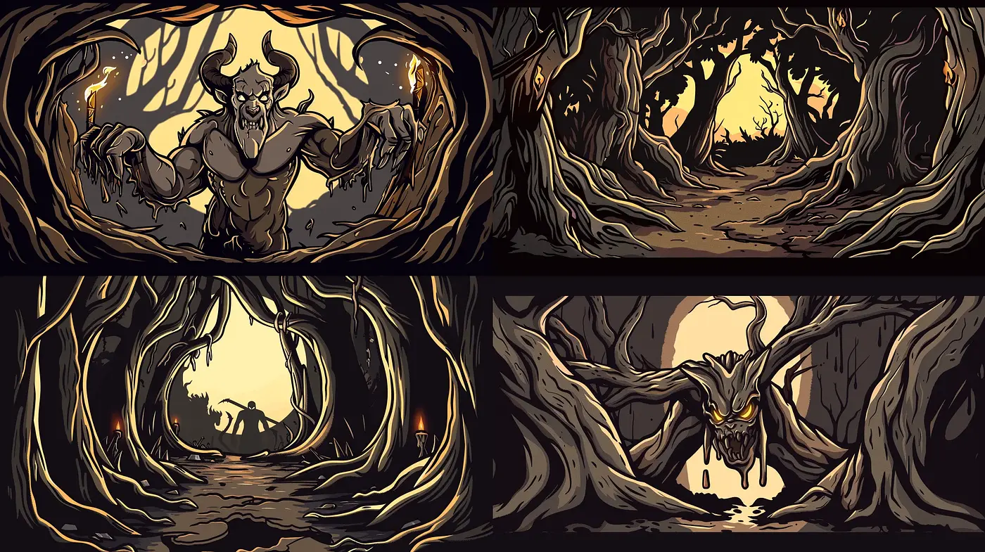 Eldritch Forest Gateway: An Ominous and Stylized Journey Through Twisted Trees - Midjourney sref style