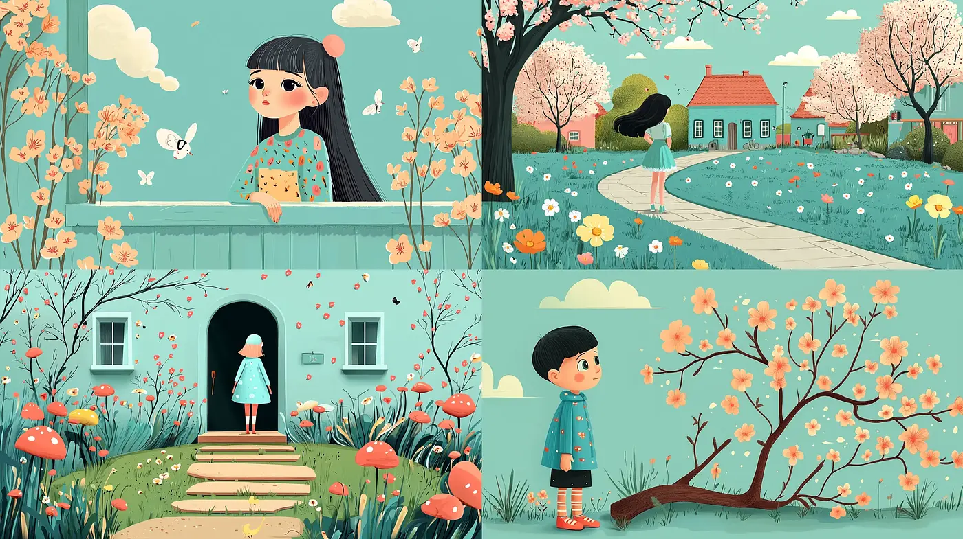 Pastoral Whimsy: A Serene Illustrative Exploration of Enchanted Childhood in Nature - Midjourney sref style