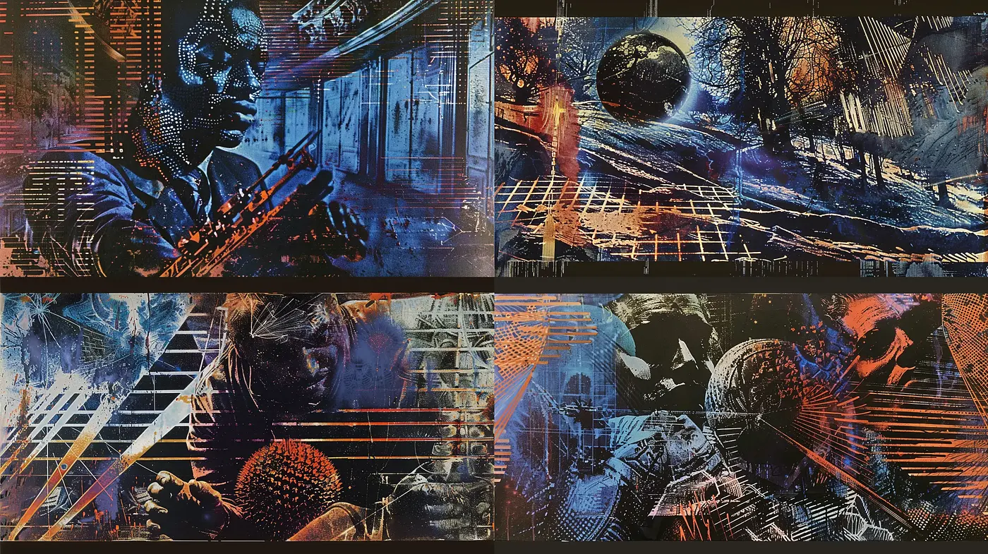 Futuristic Cybernetic Symphony in Blue and Orange Hues - Midjourney sref style
