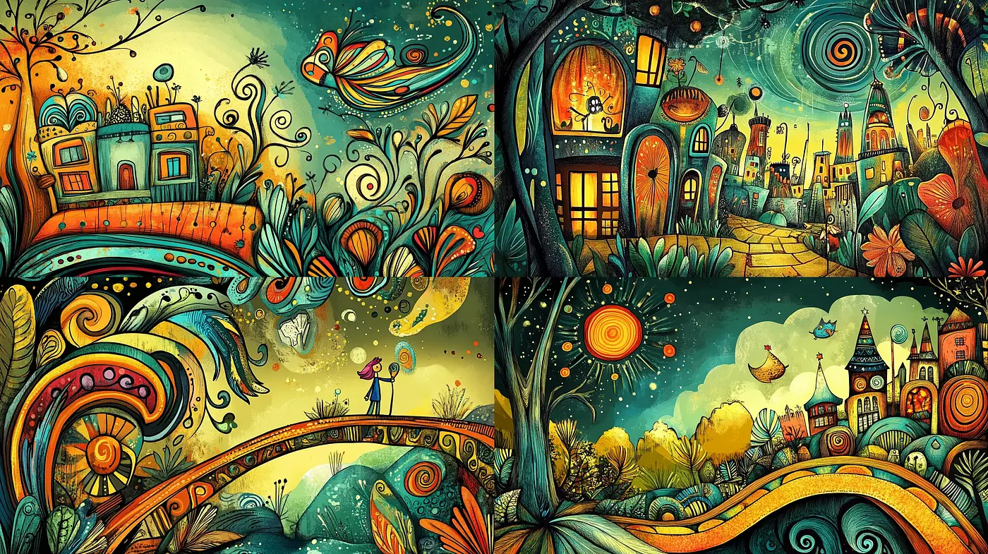 Whimsical Dreamscape with Lush Storybook Illustrations - Midjourney sref style