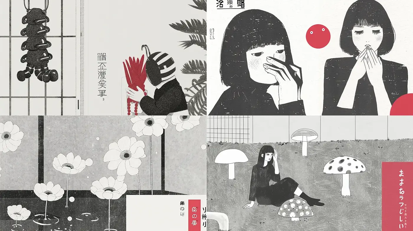 Distinctive blend of minimalism and surrealism with a playful whimsy - Midjourney sref style