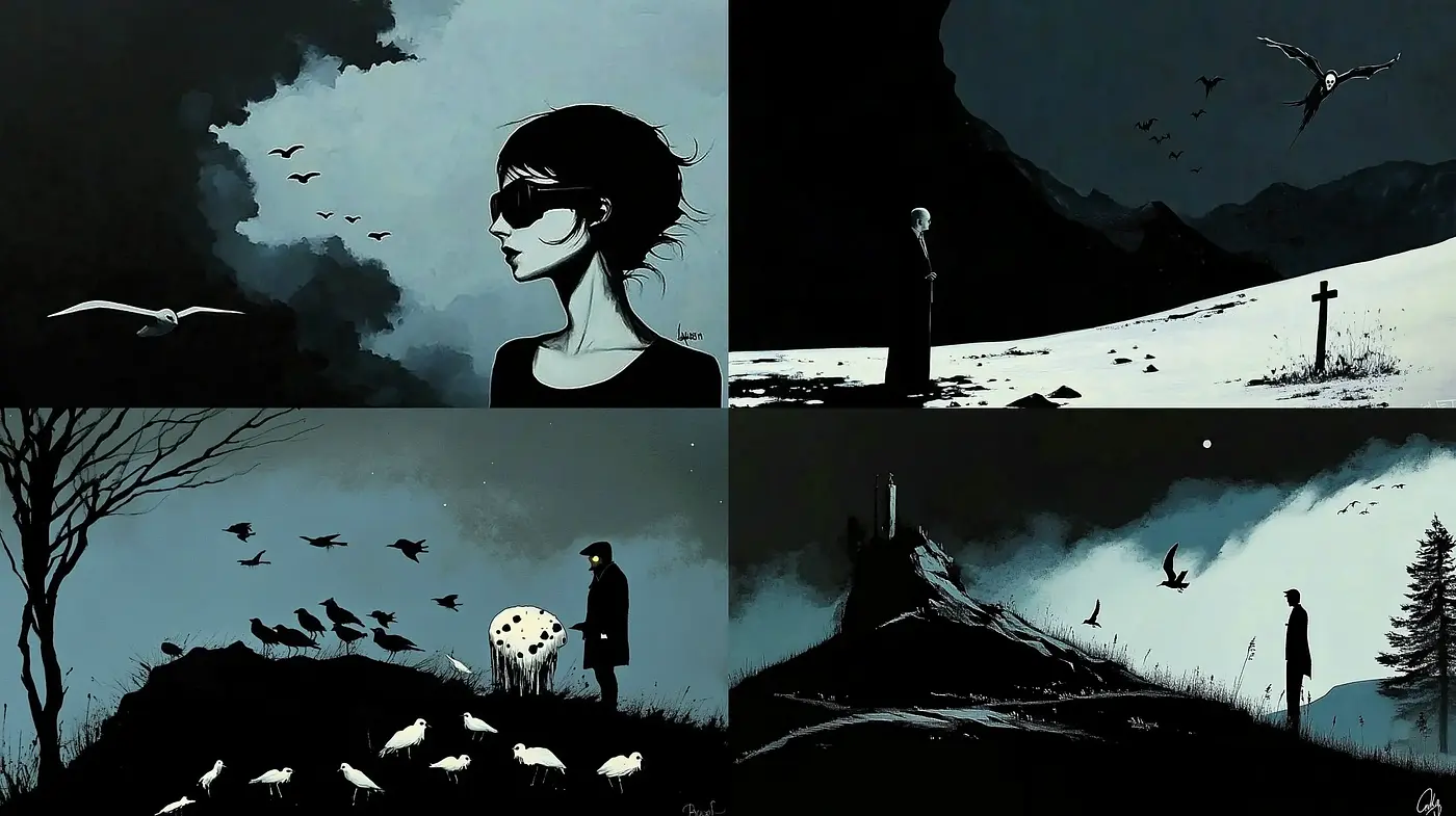 Nocturnal Elegance: A Monochromatic Dance with Shadows and Silhouettes - Midjourney sref style