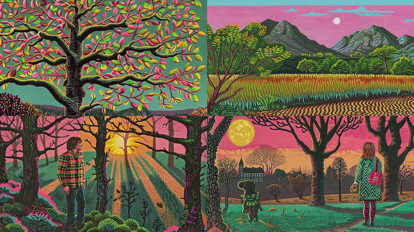 Richly Textured Tapestry of Nostalgic Vistas: An Homage to Retrofuturism and Psychedelic Landscapes - Midjourney sref style