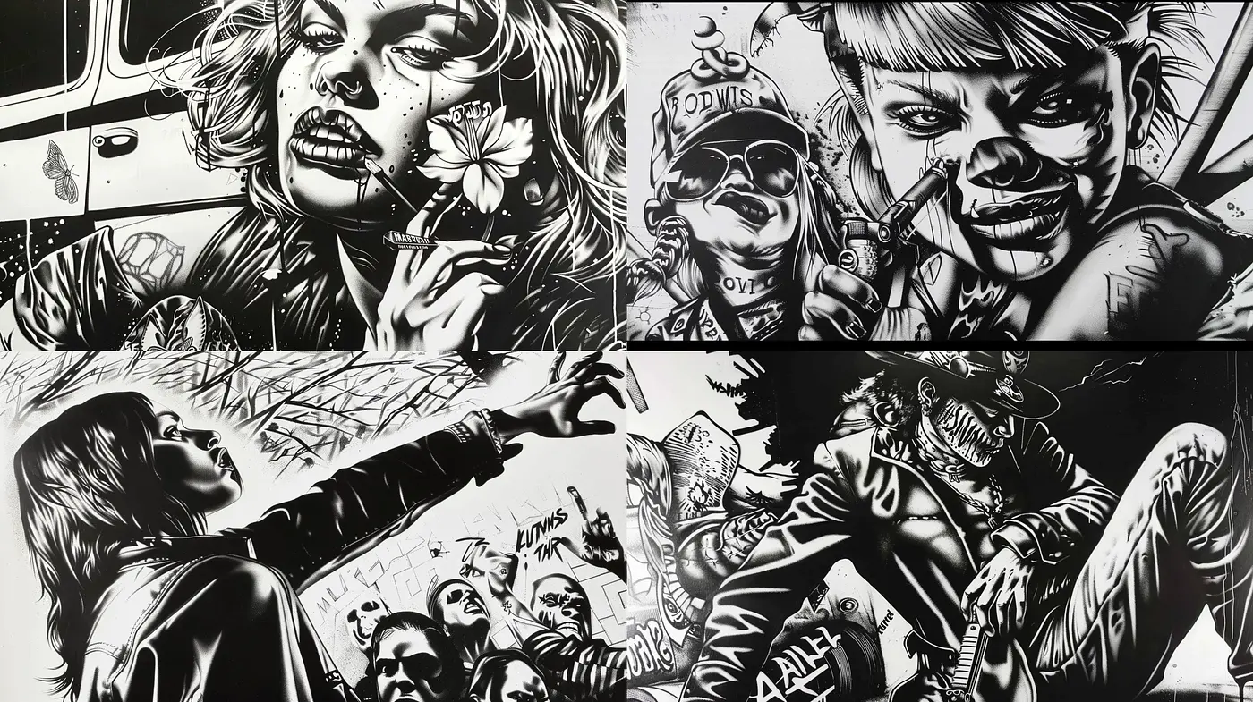 Monochromatic Dynamism in Contemporary Graphic Illustration - Midjourney sref style