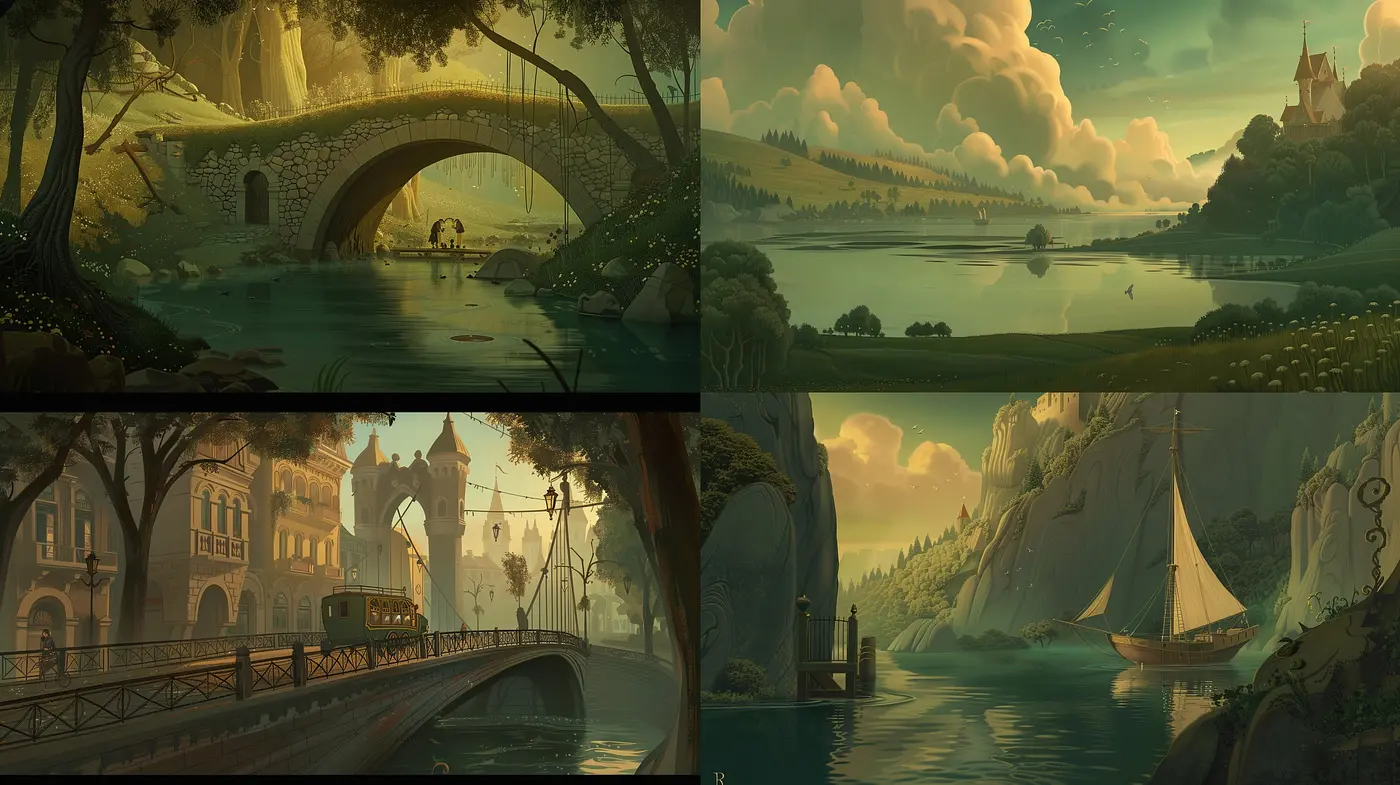 Enchanted Twilight: A Harmonious Fusion of Dreamlike Landscapes and Soft Golden-hour Hues - Midjourney sref style