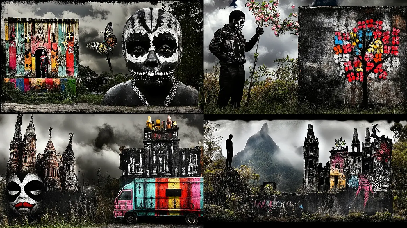 Gritty Post-Apocalyptic Tapestry with Surreal Overtones - Midjourney sref style
