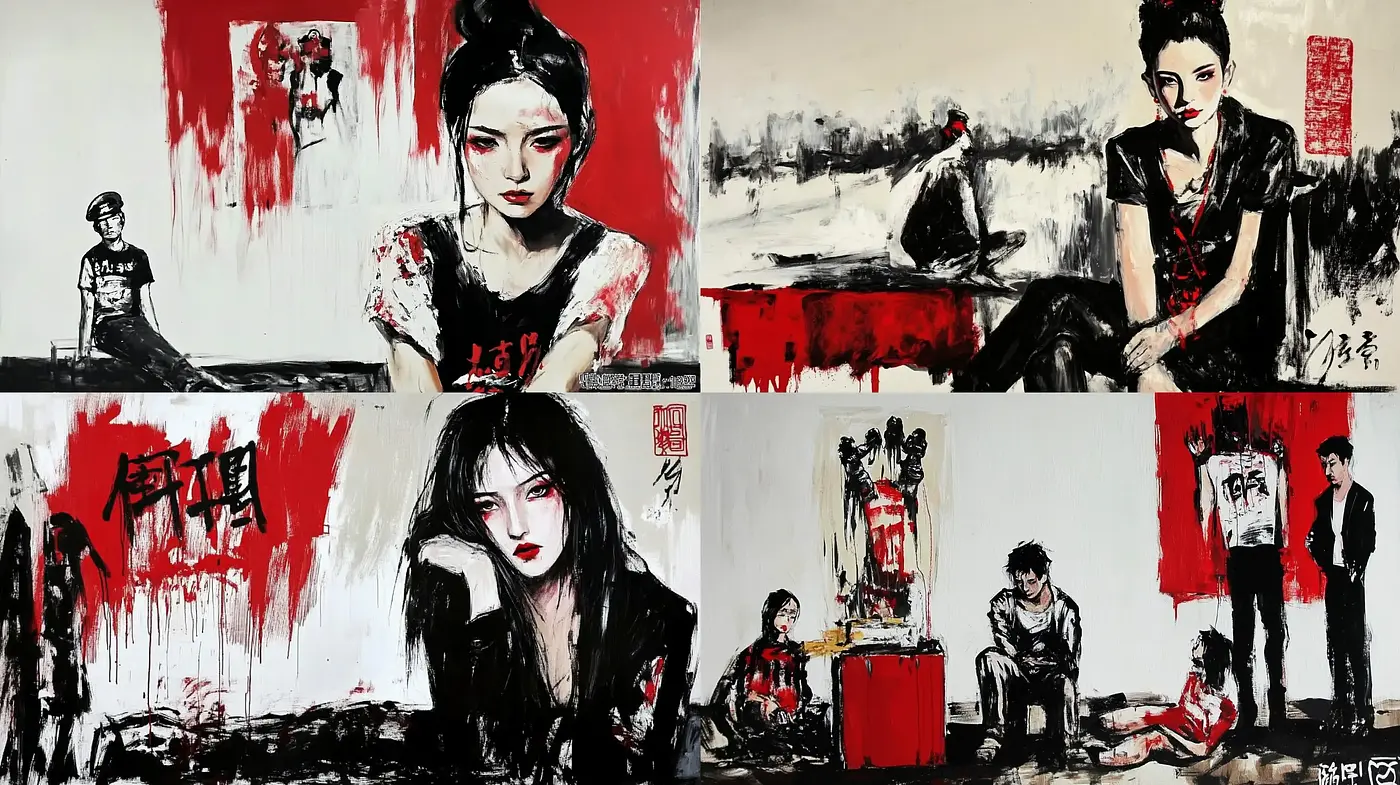 Gritty Expressive Brushwork with Striking Red Accents - Midjourney sref style