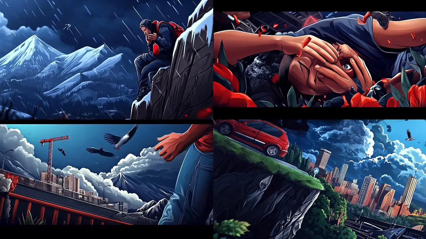 Dynamic Cinematic Novel Illustration Fusion - Midjourney sref style