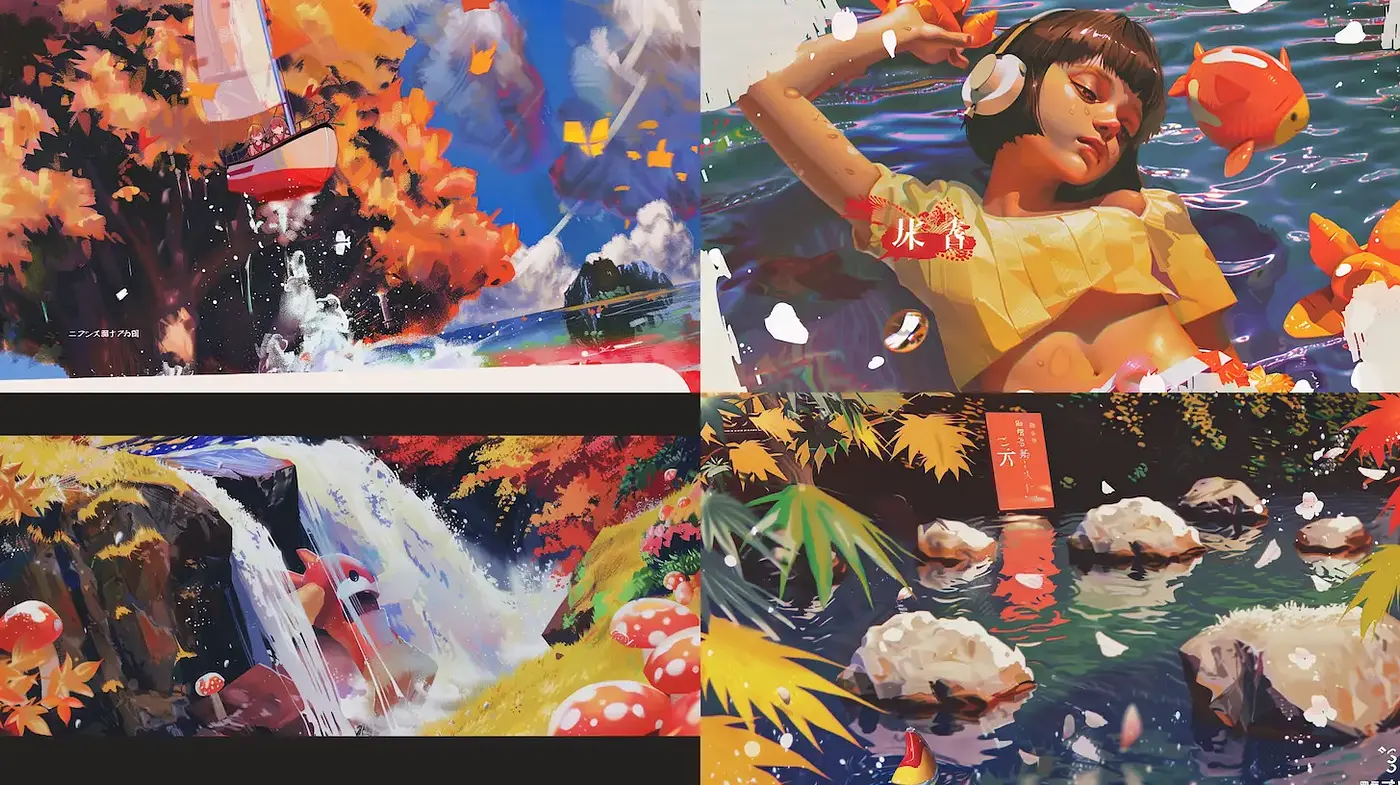 Vibrant and serene autumnal scenes with a vivid sense of wonder - Midjourney sref style