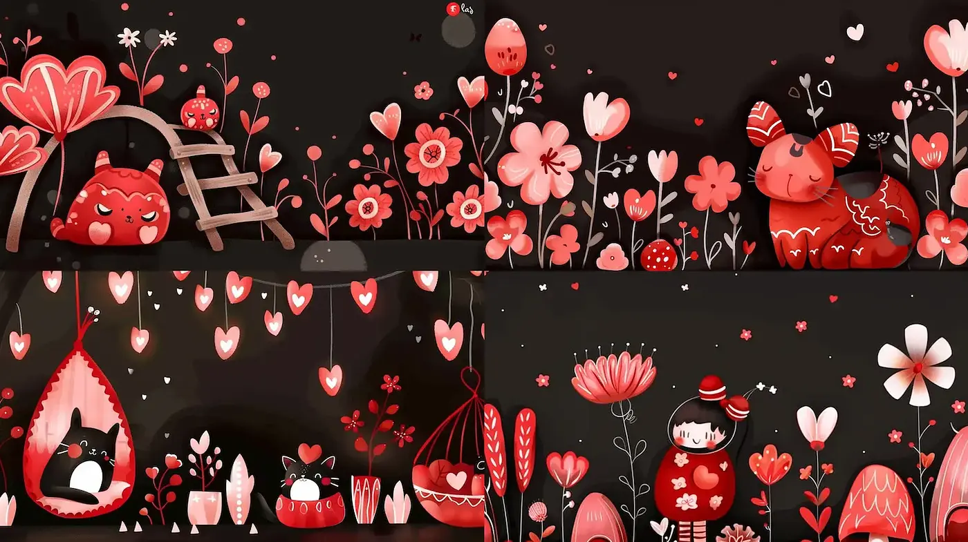 Charming Illustrative Style with Whimsical Characters and Floral Motifs - Midjourney sref style