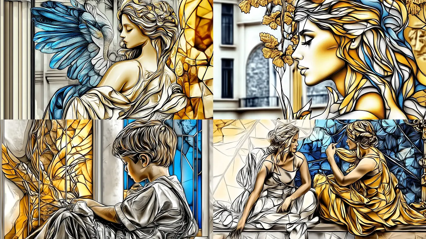 Stained Glass Elegance with Golden Hues and Contemplative Mood - Midjourney sref style