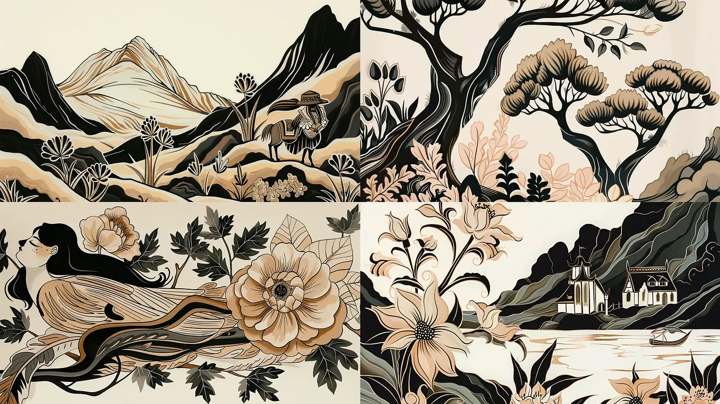 Monochromatic Oriental Elegance in Art Nouveau Interpretation - Midjourney sref style