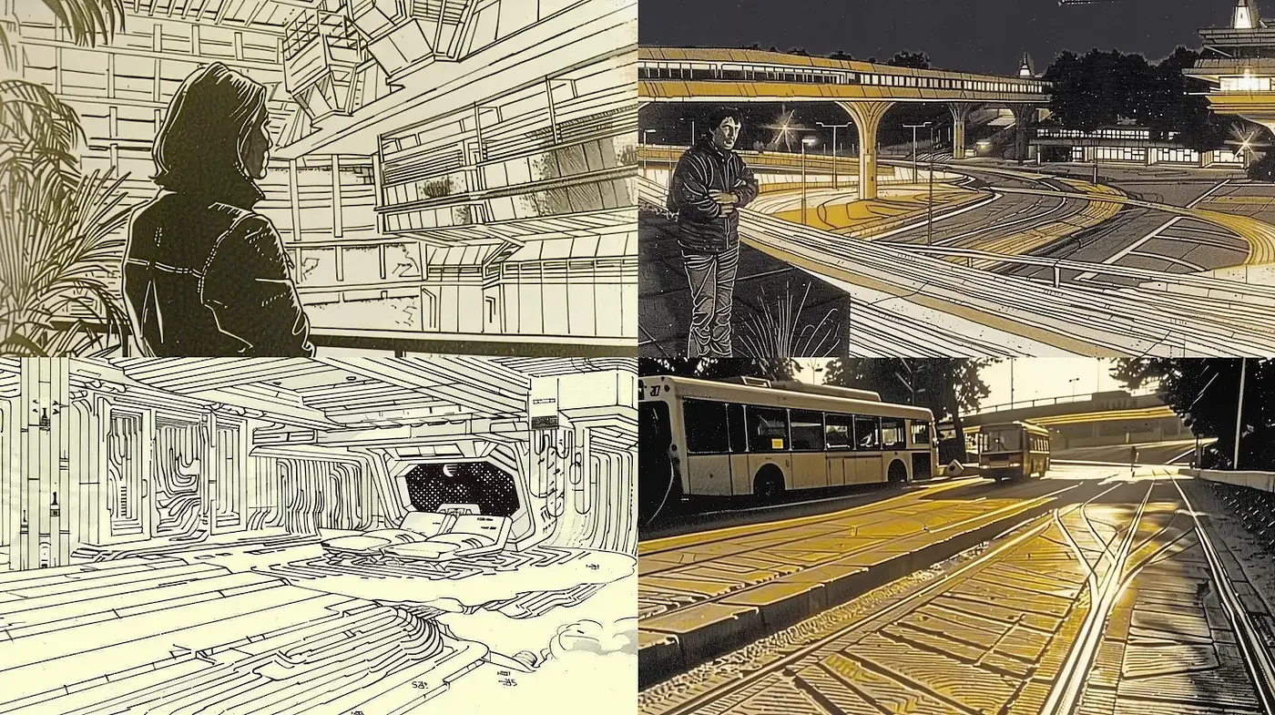 Urban Impressionism with Minimalist Lines and Contrasting Shades - Midjourney sref style