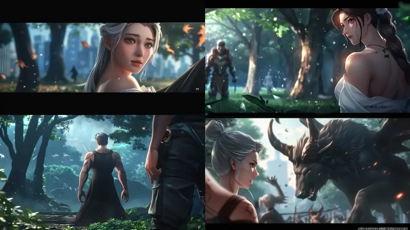 Fantastical and ethereal landscapes with dynamic character interactions - Midjourney sref style
