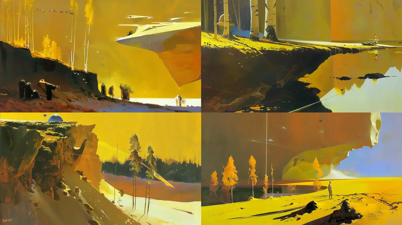 Warmly Lit Surreal Landscapes with Abstract Geometric Elements - Midjourney sref style