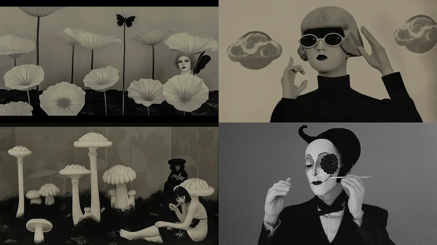 Monochromatic Surreal Scenes in Silhouette - Midjourney sref style