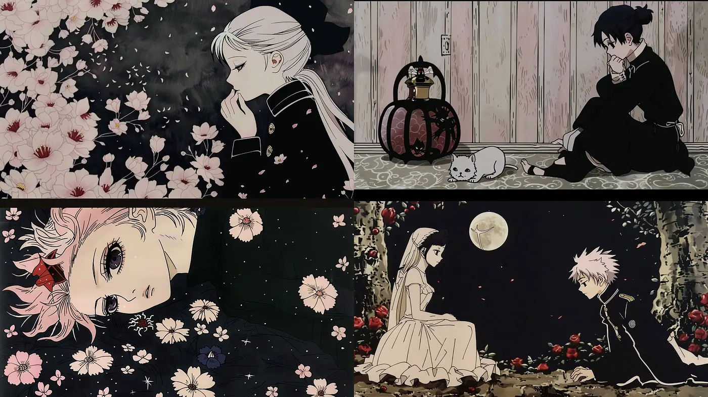 Ethereal Monochrome Dreamscape with Splashes of Floral Colors - Midjourney sref style
