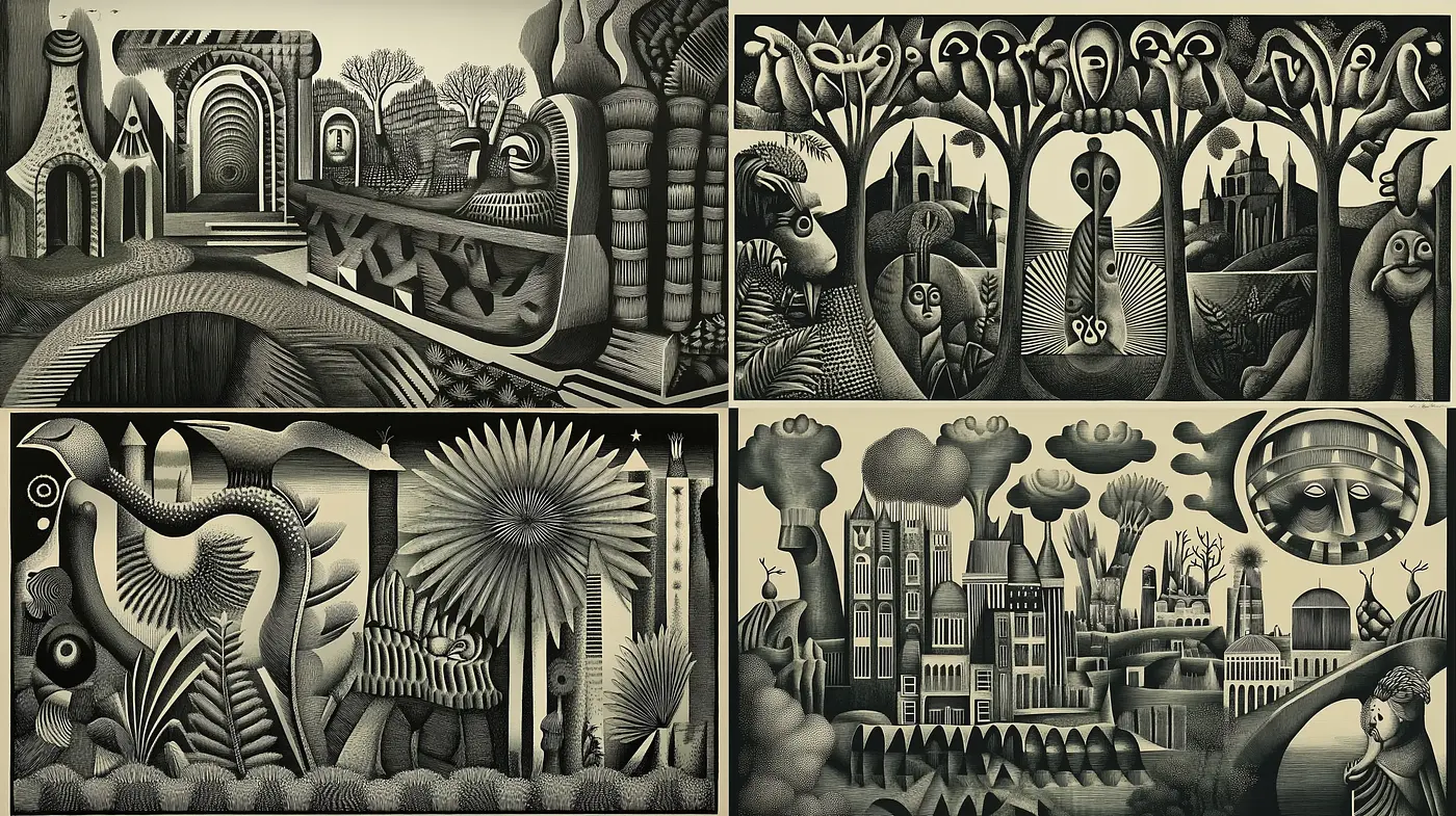 Monochromatic Enigmatic Gardens: A Surrealist Exploration in Sepia - Midjourney sref style
