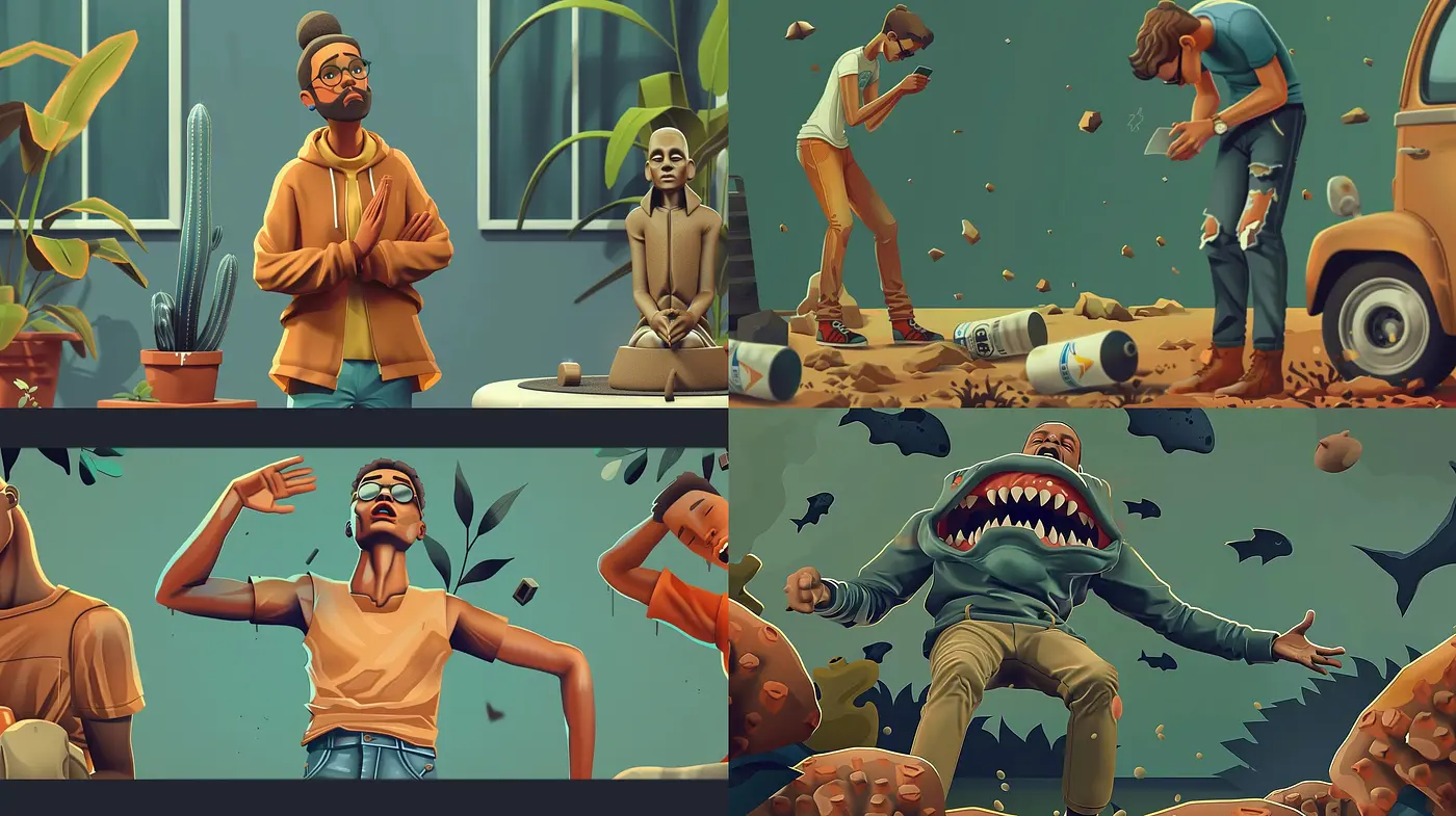Warm-Toned Surrealistic Scenes with Consistent Character Design - Midjourney sref style