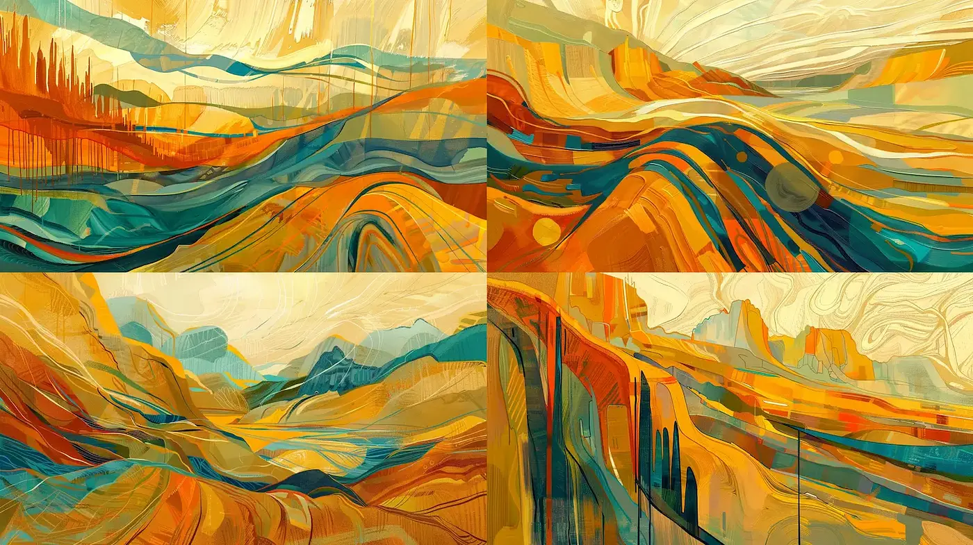 Dynamic Abstract Landscapes with Vibrant Textures and Warm Tones - Midjourney sref style