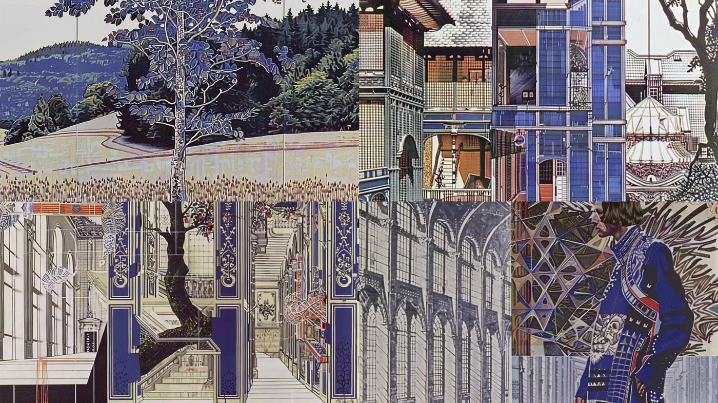 Interwoven Elegance: A Tapestry of Architectural Marvels and Enchanted Landscapes in a Stylized Composite - Midjourney sref style